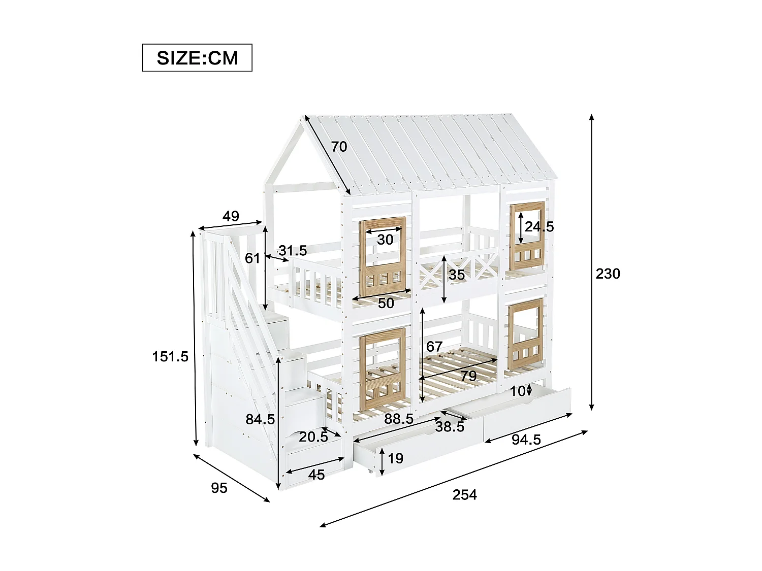 Lit superposé 90 x 200 cm, avec 2 tiroirs, 4 fenêtres, échelle de rangement, bois, blanc
