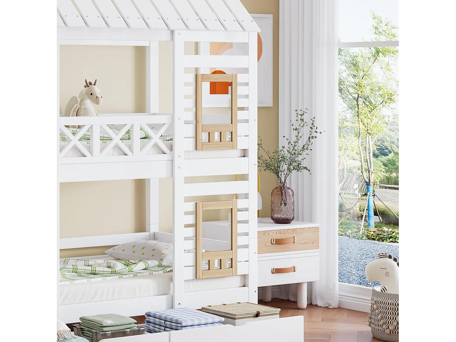 Lit superposé 90 x 200 cm, avec 2 tiroirs, 4 fenêtres, échelle de rangement, bois, blanc