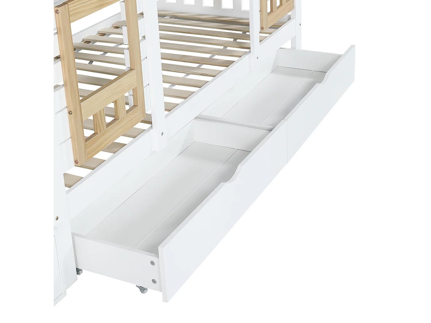 Lit superposé 90 x 200 cm, avec 2 tiroirs, 4 fenêtres, échelle de rangement, bois, blanc