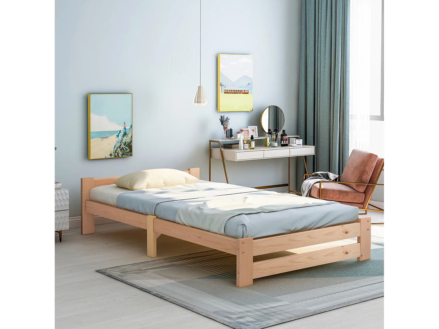 Lit de futon en Bois Massif Massif Naturel avec tête de lit et sommier à Lattes, 200 x 90 cm, Bois