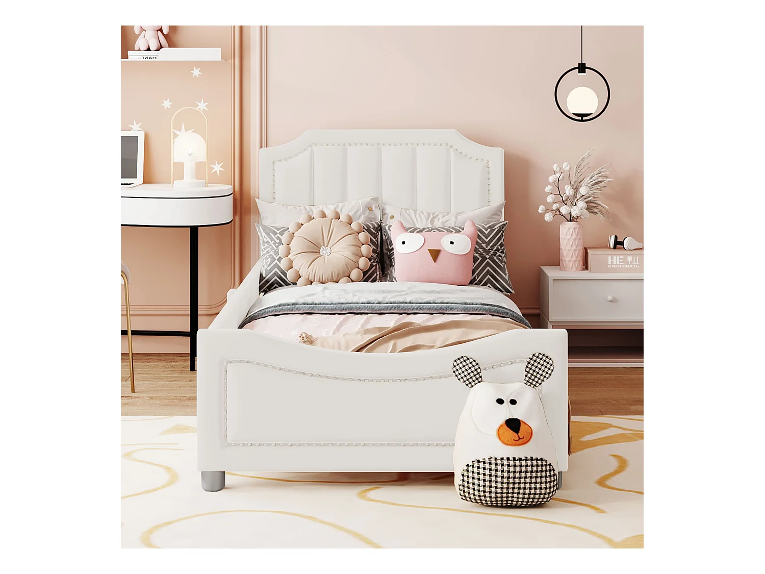 Cama infantil 90 x 200 cm, acolchoada, com encosto, braços, flanela, bege