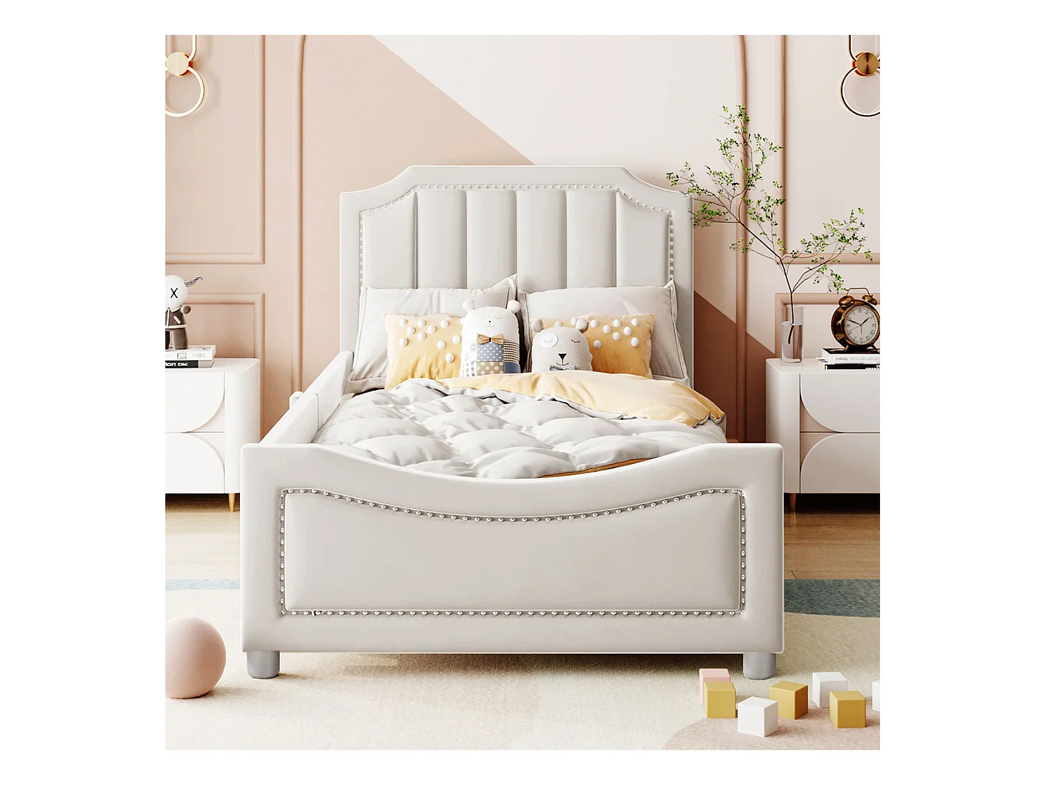 Cama infantil 90 x 200 cm, acolchoada, com encosto, braços, flanela, bege