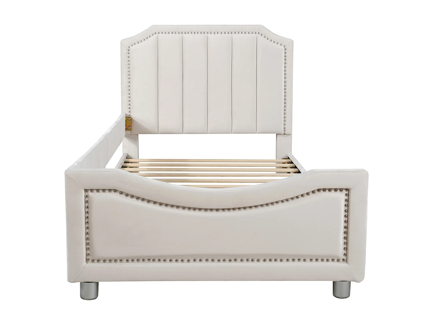 Kinderbed 90 x 200 cm, gecapitonneerd, met rugleuning, armleuningen, flanel, beige