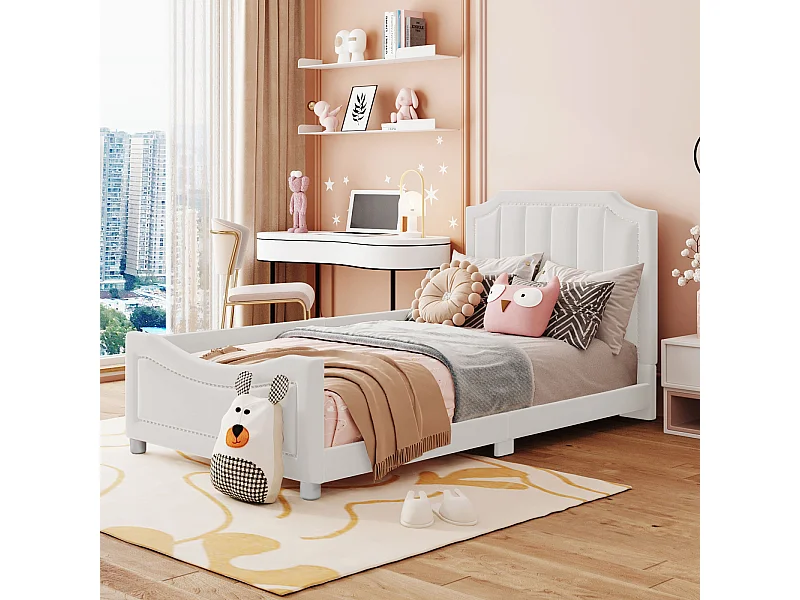 Lit pour enfant 90 x 200 cm, rembourré, avec dossier, accoudoirs,  en flanelle, Beige