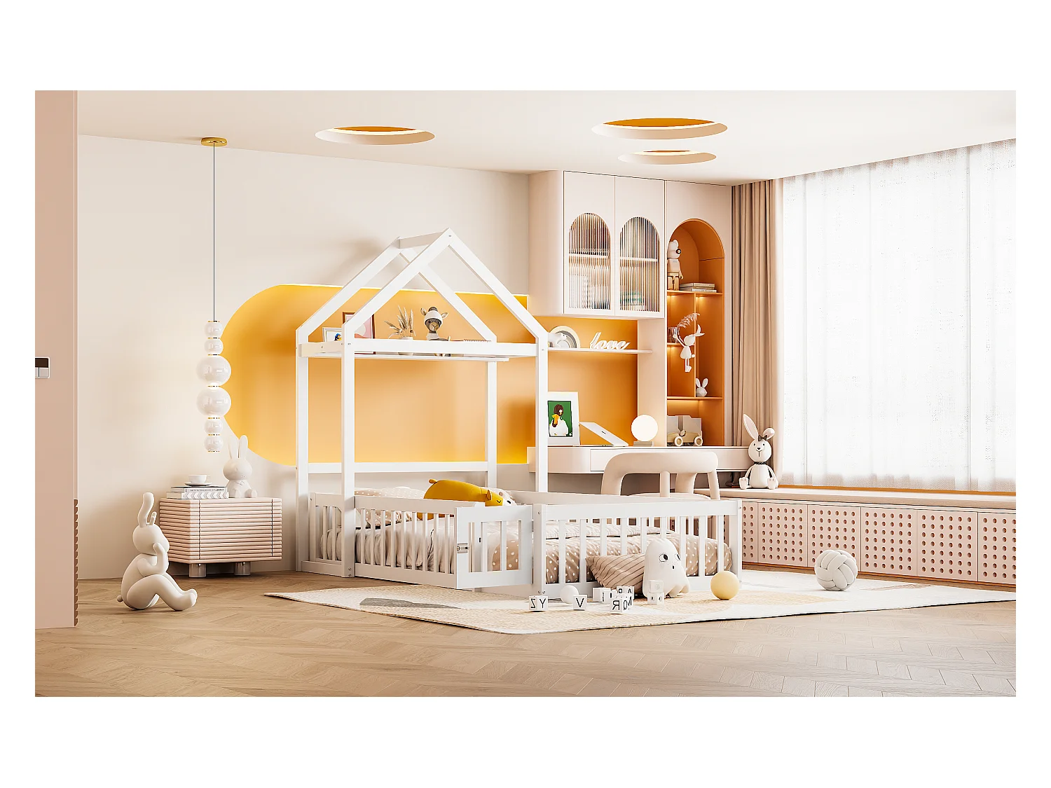 Cama infantil de 90 x 200 cm con espacio de almacenaje, barreras y puertas de seguridad, color blanco