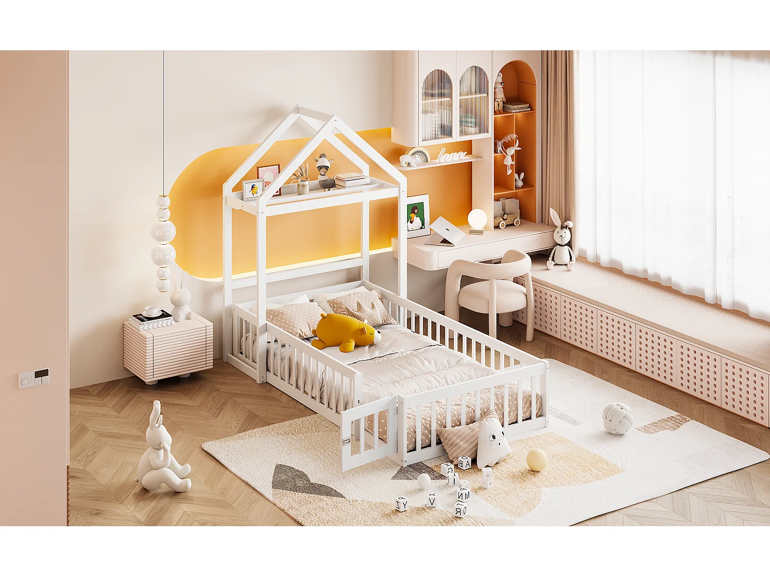 Cama infantil de 90 x 200 cm con espacio de almacenaje, barreras y puertas de seguridad, color blanco