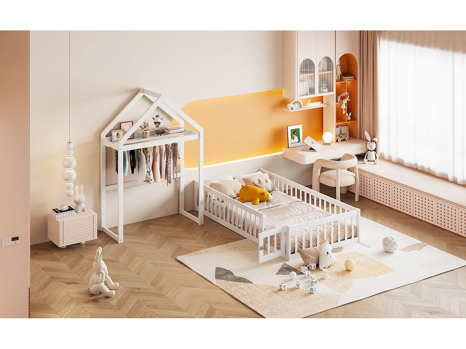 Cama infantil de 90 x 200 cm con espacio de almacenaje, barreras y puertas de seguridad, color blanco