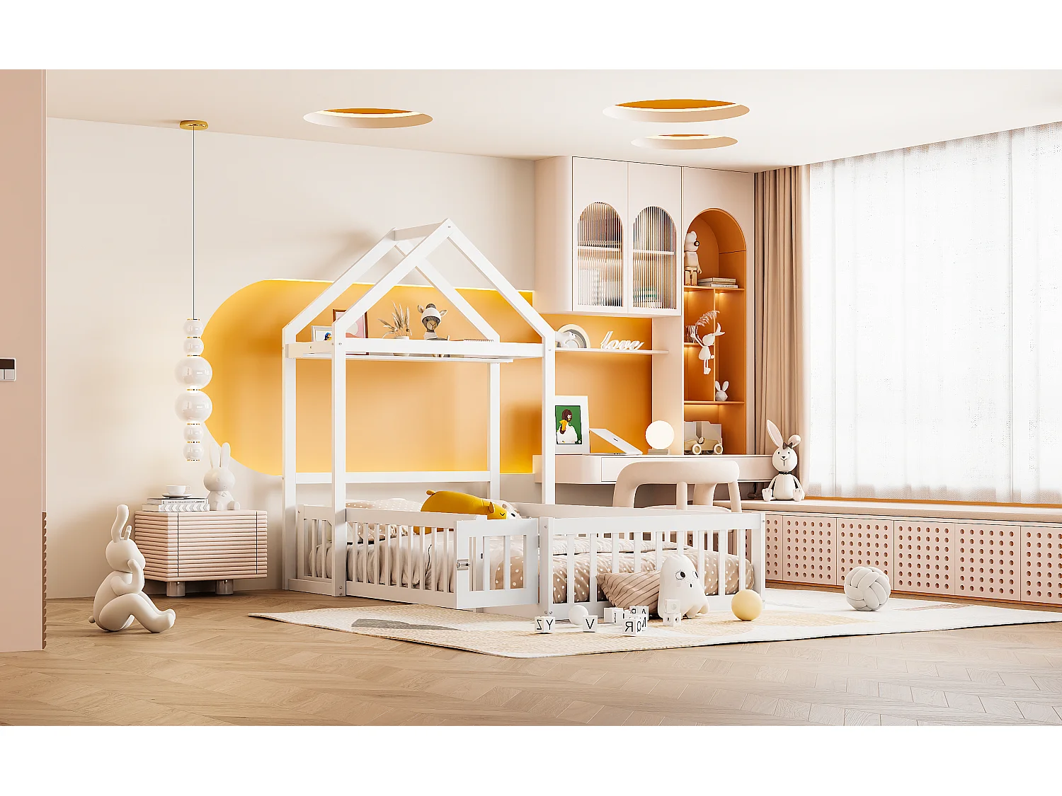 Cama infantil de 90 x 200 cm con espacio de almacenaje, barreras y puertas de seguridad, color blanco