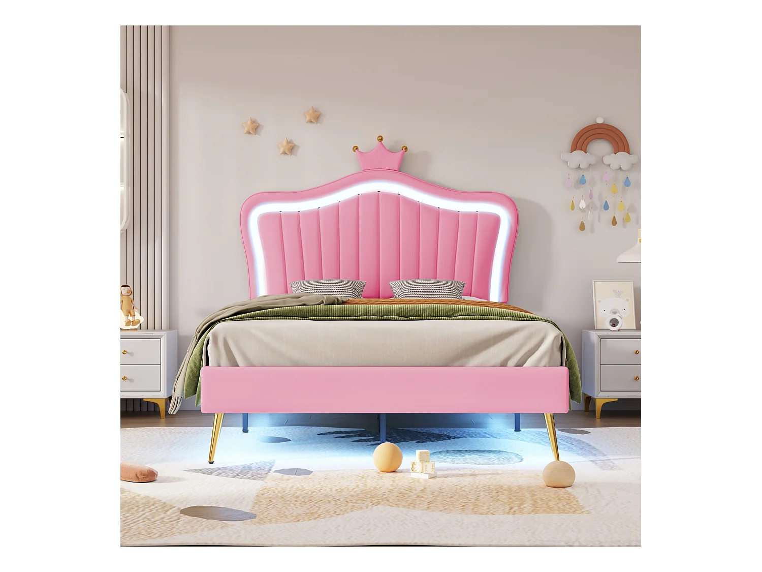 Lit pour Enfant rembourré à LED, 90 x 200 cm, sommier à Lattes et tête de lit réglable, PU, Rose