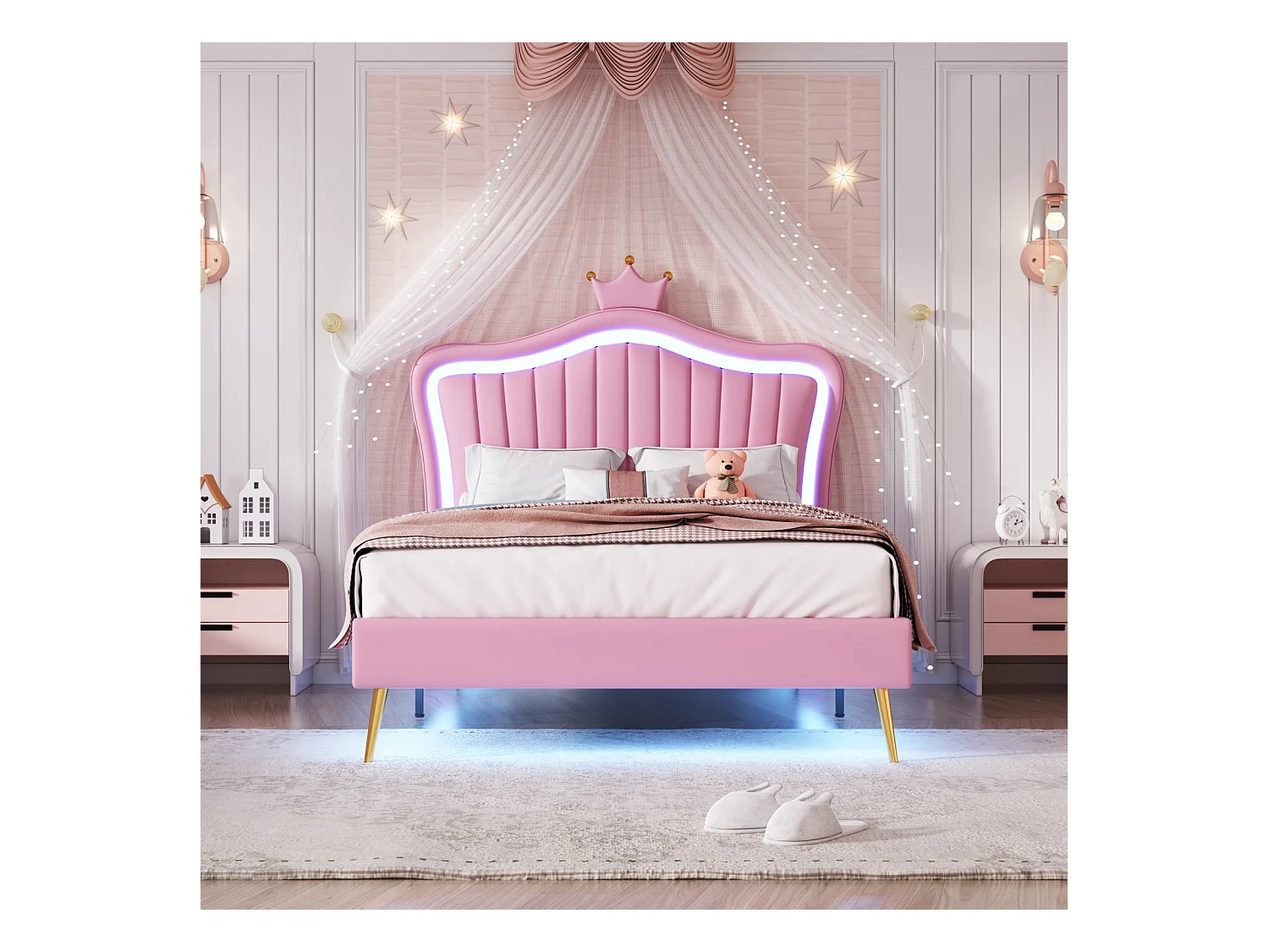 Lit pour Enfant rembourré à LED, 90 x 200 cm, sommier à Lattes et tête de lit réglable, PU, Rose