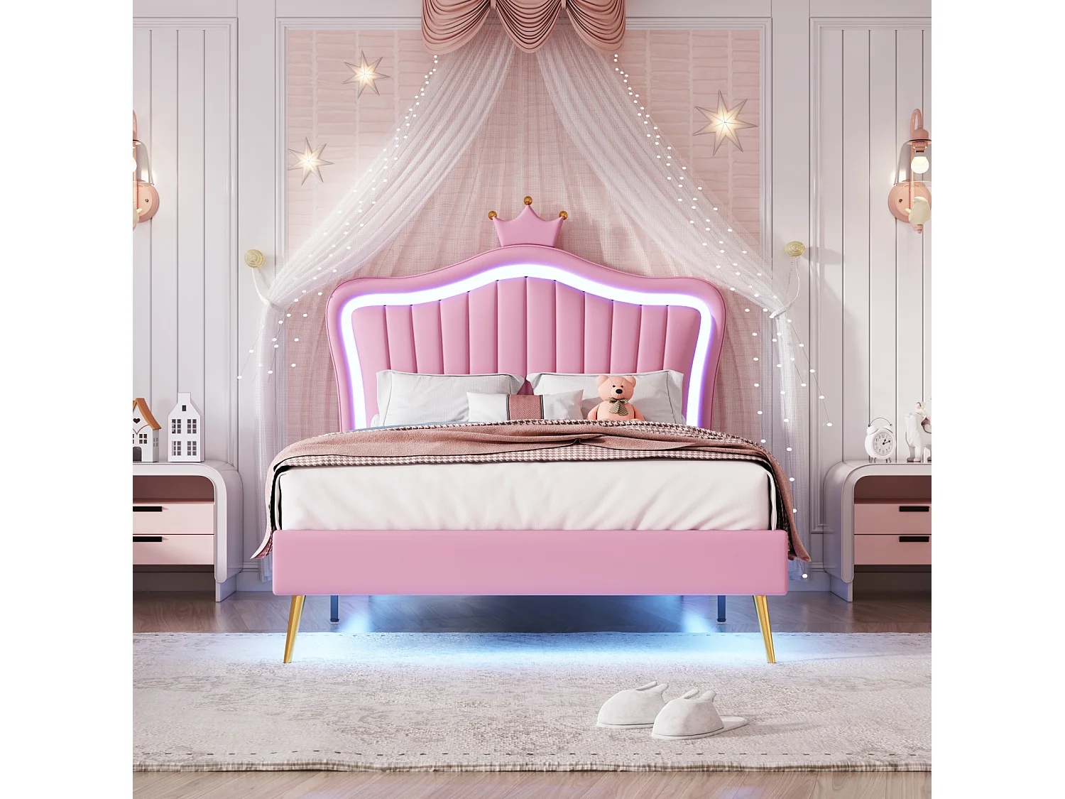 Cama infantil tapizada con LED, 90 x 200 cm, somier de láminas y cabecero ajustable, PU, rosa
