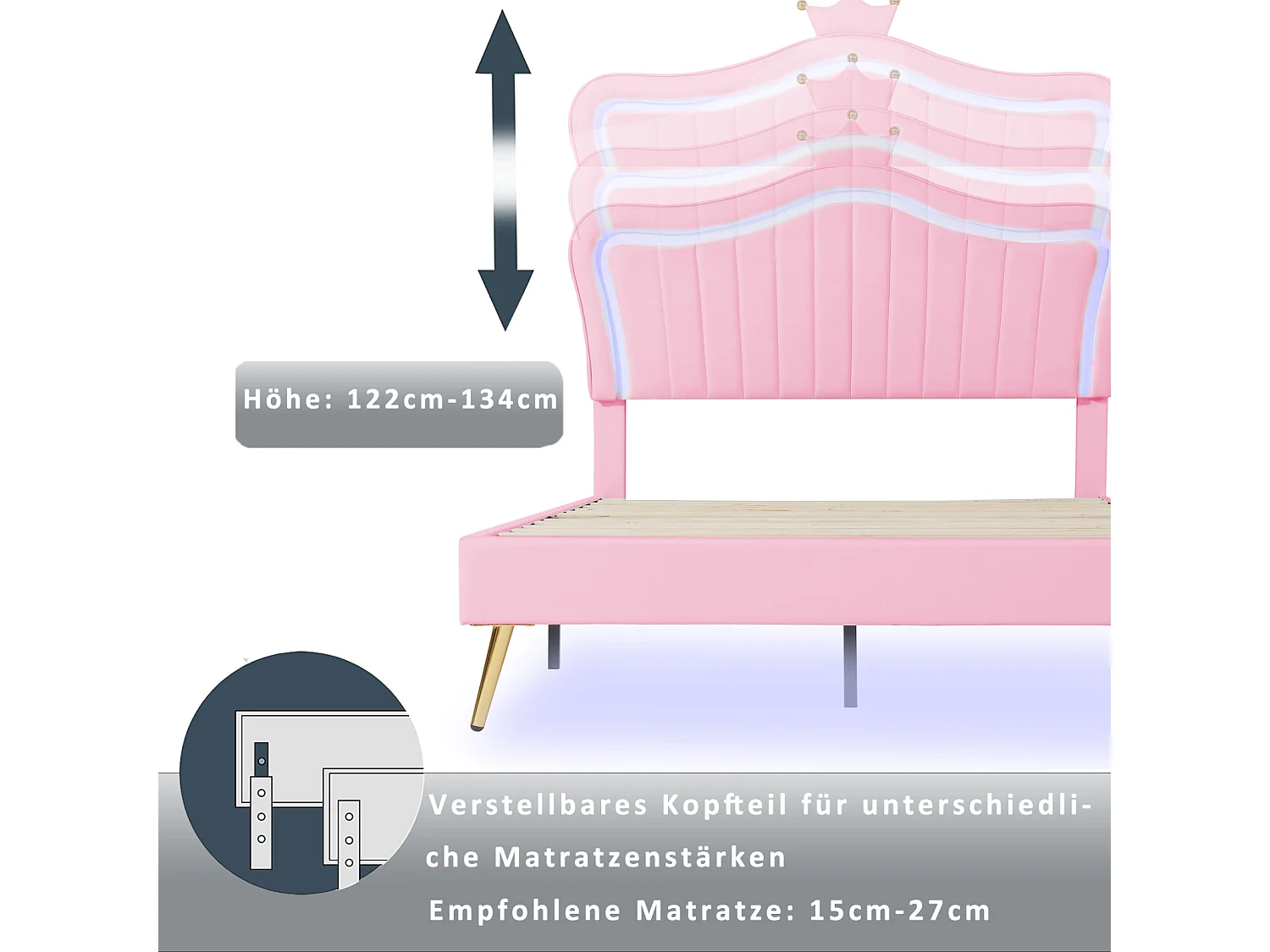 Cama infantil tapizada con LED, 90 x 200 cm, somier de láminas y cabecero ajustable, PU, rosa