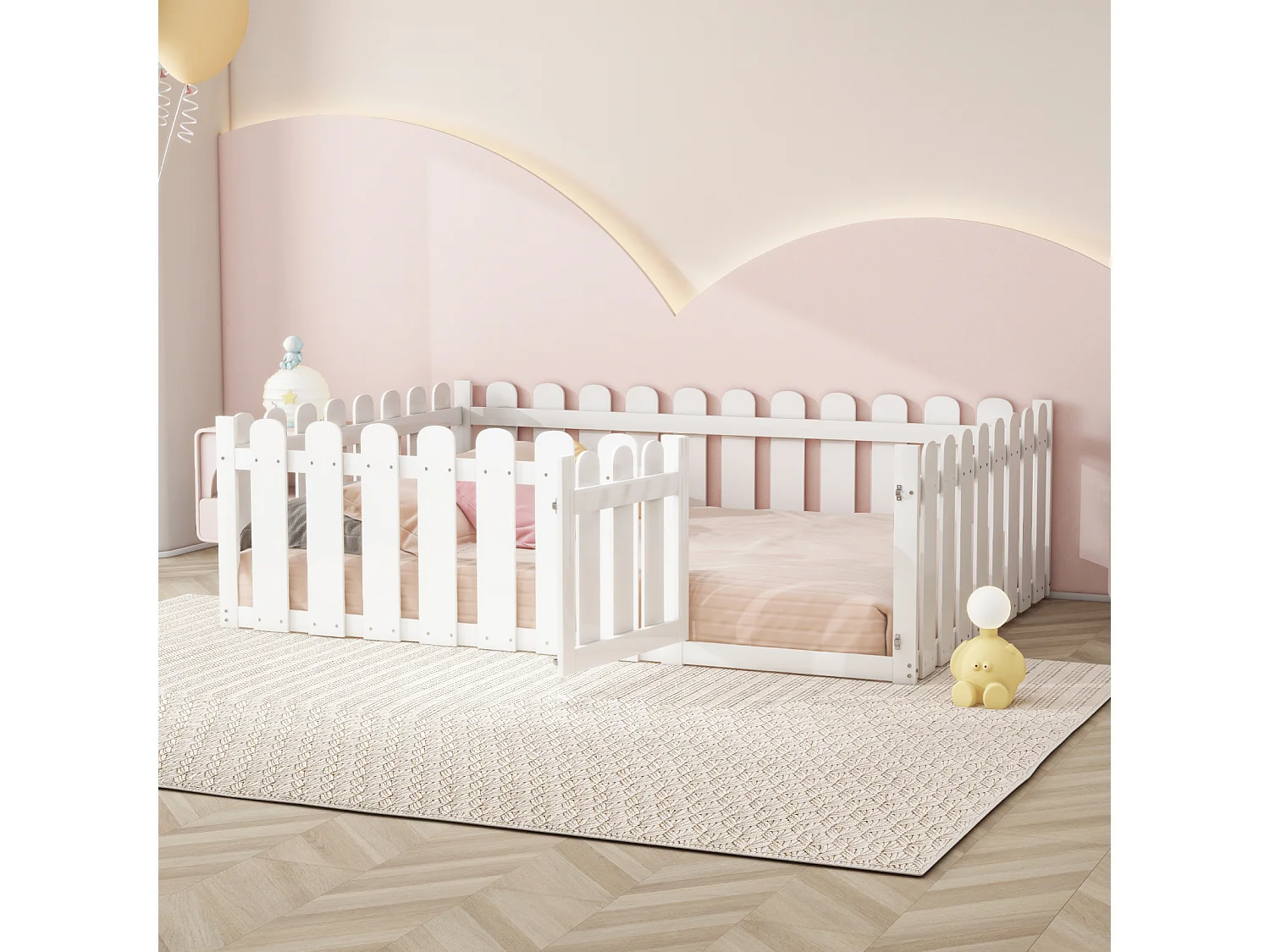 Cama infantil 140 x 200 cm, estrutura de madeira com borda e porta, branca