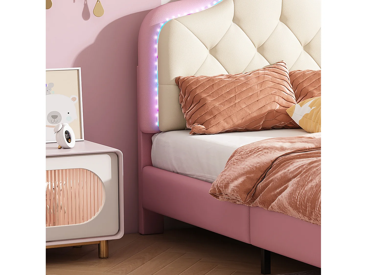 Cama infantil estofada 90 x 200 cm, LED, estrutura de cama com nós e base de ripas, rosa
