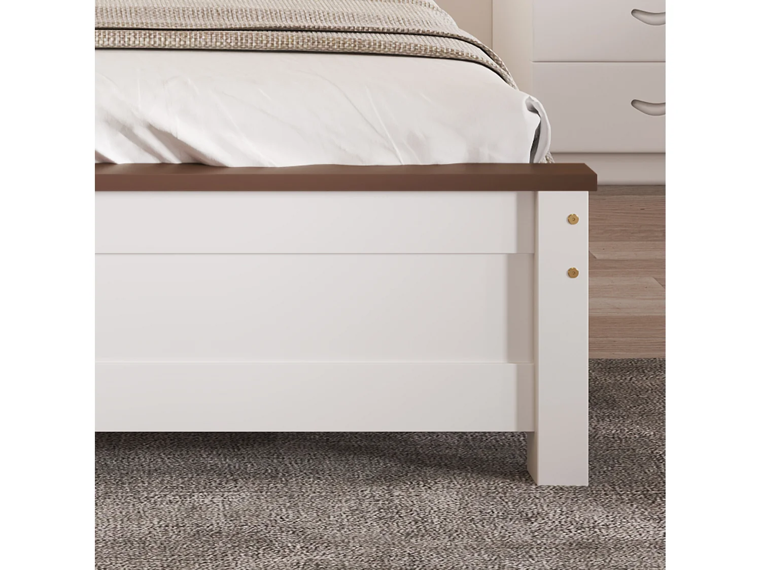 Cama de matrimonio 140x200 cm, Estructura de pino, con cabecero y piecero de MDF, Color blanco