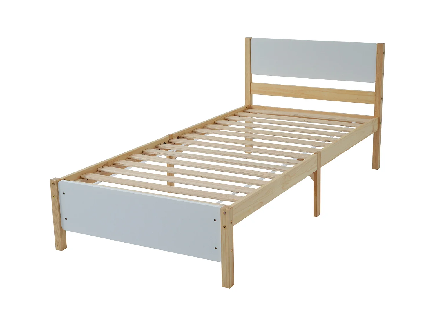 Lit simple 90 x 200 cm, avec Pied Central, tête et Pied de lit en MDF, Blanc + Naturel