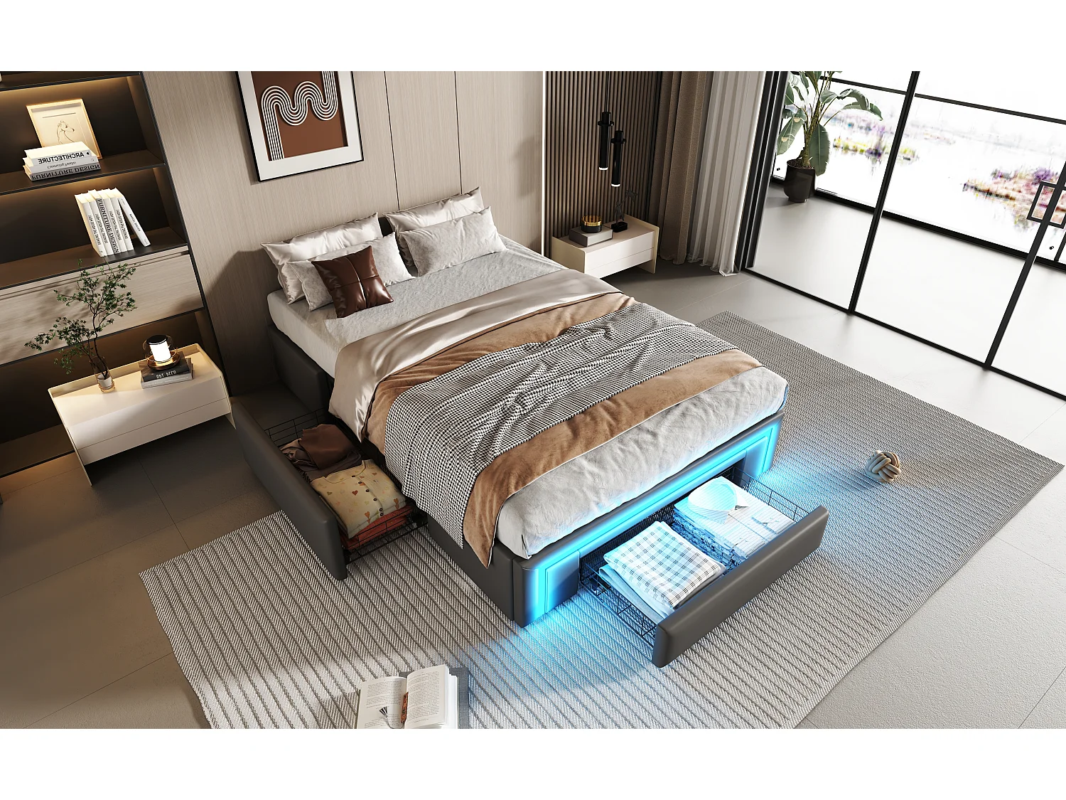 Cadre de lit 90 x 200 cm avec tiroirs, LED, sans tête de lit, Tissu PU, Lattes métalliques, Gris