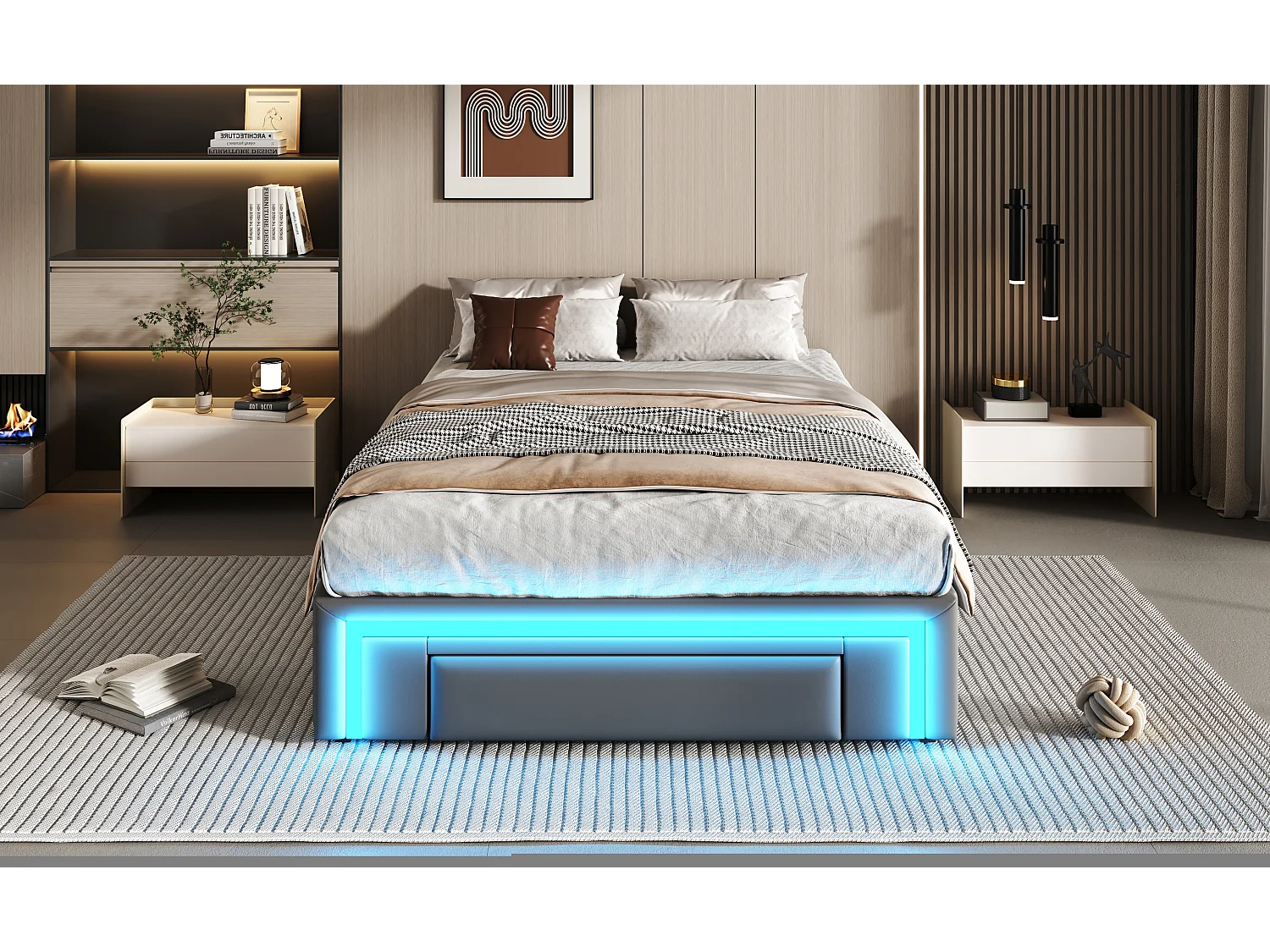 Cadre de lit 90 x 200 cm avec tiroirs, LED, sans tête de lit, Tissu PU, Lattes métalliques, Gris