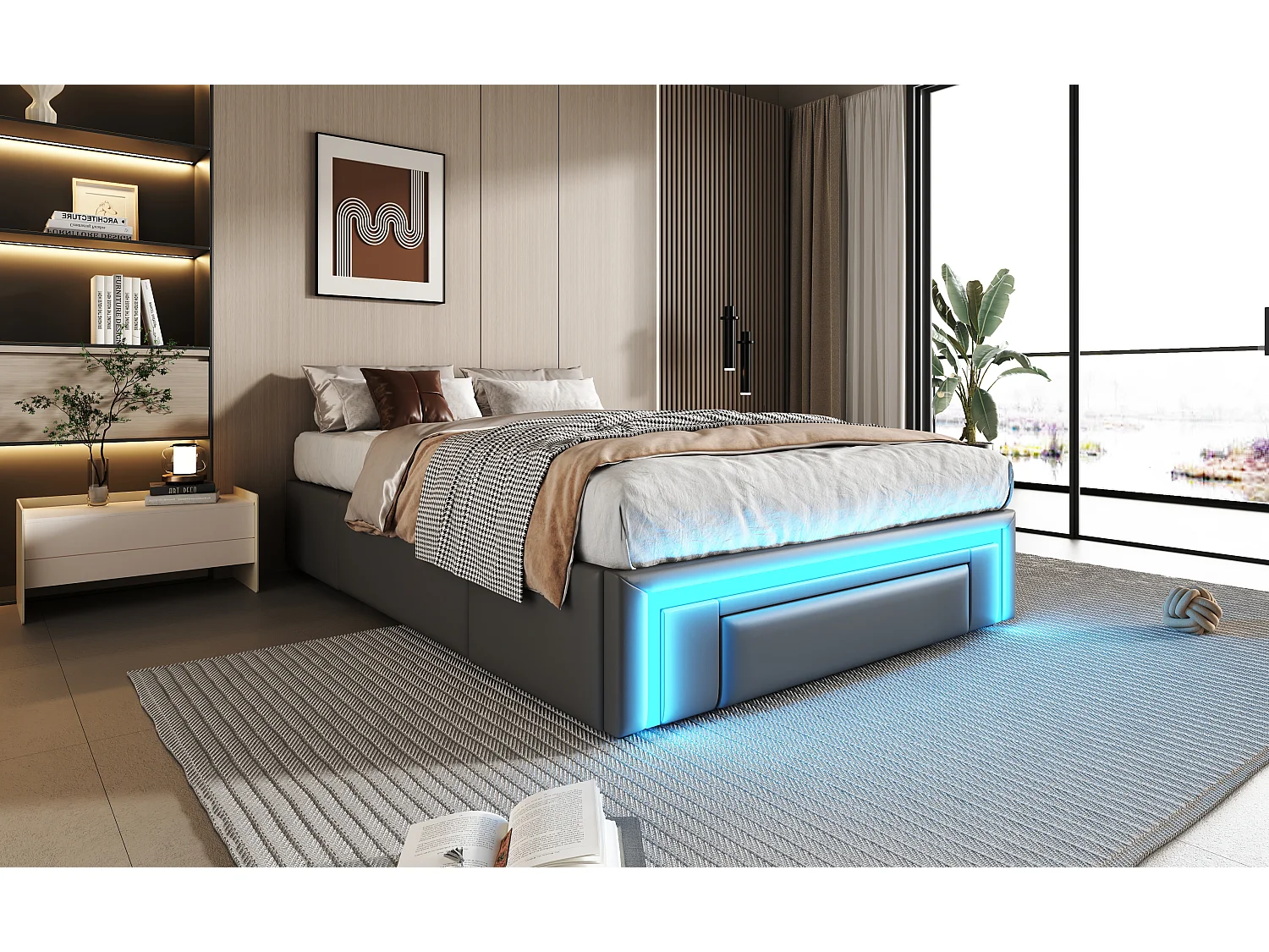 Cadre de lit 90 x 200 cm avec tiroirs, LED, sans tête de lit, Tissu PU, Lattes métalliques, Gris