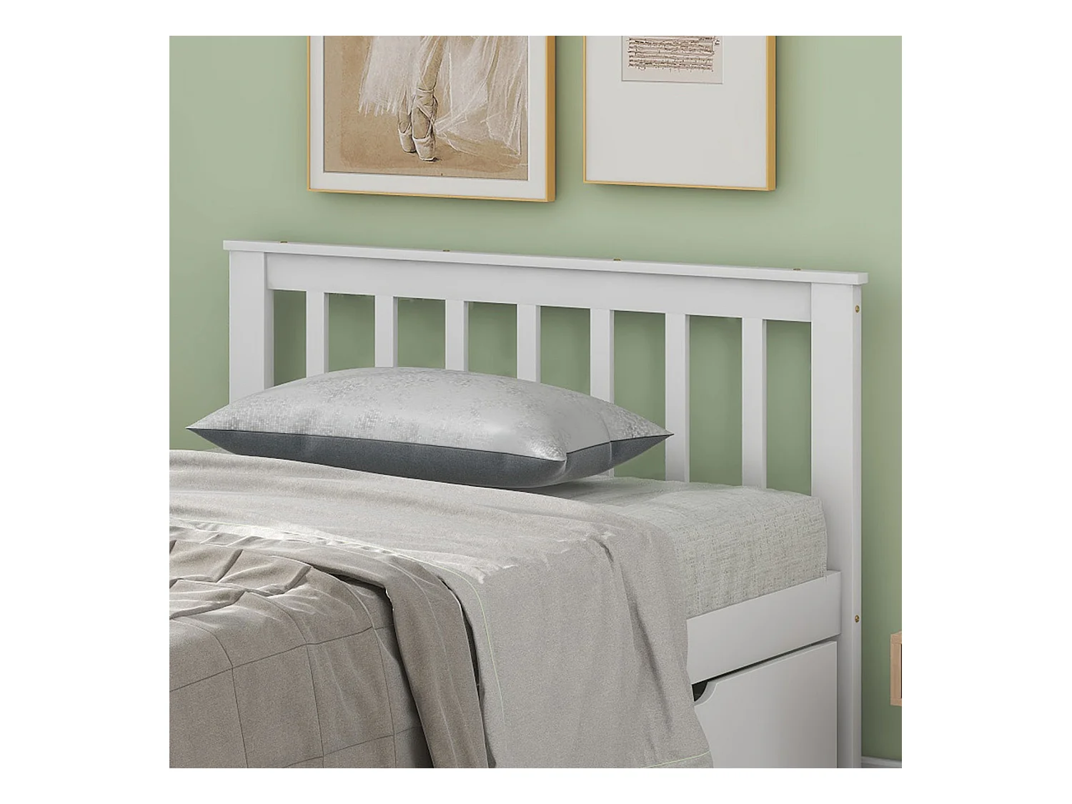 Lit simple 90 x 200 cm avec tiroirs, cadre en bois massif, tête de lit en MDF, Blanc