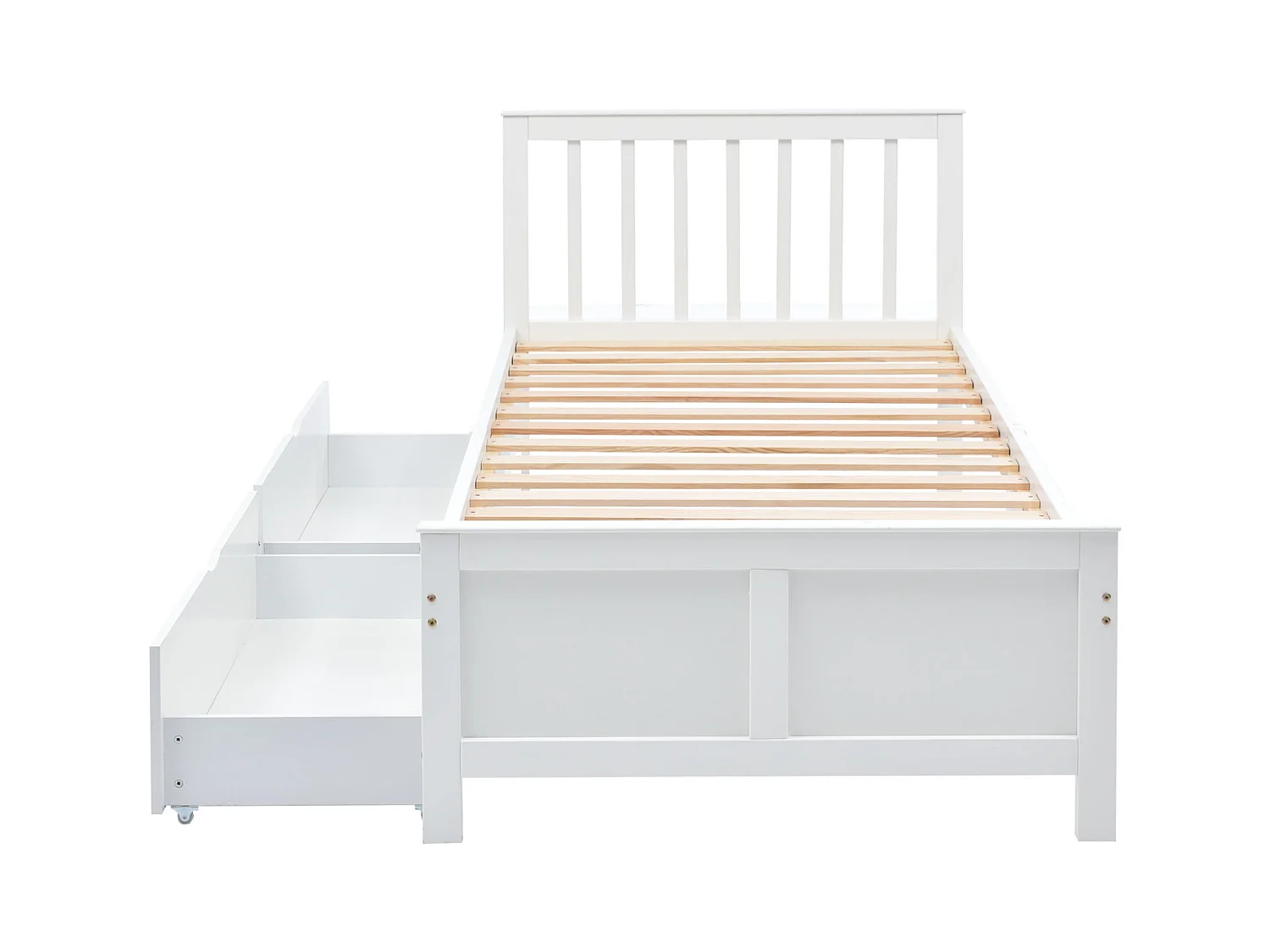 Lit simple 90 x 200 cm avec tiroirs, cadre en bois massif, tête de lit en MDF, Blanc