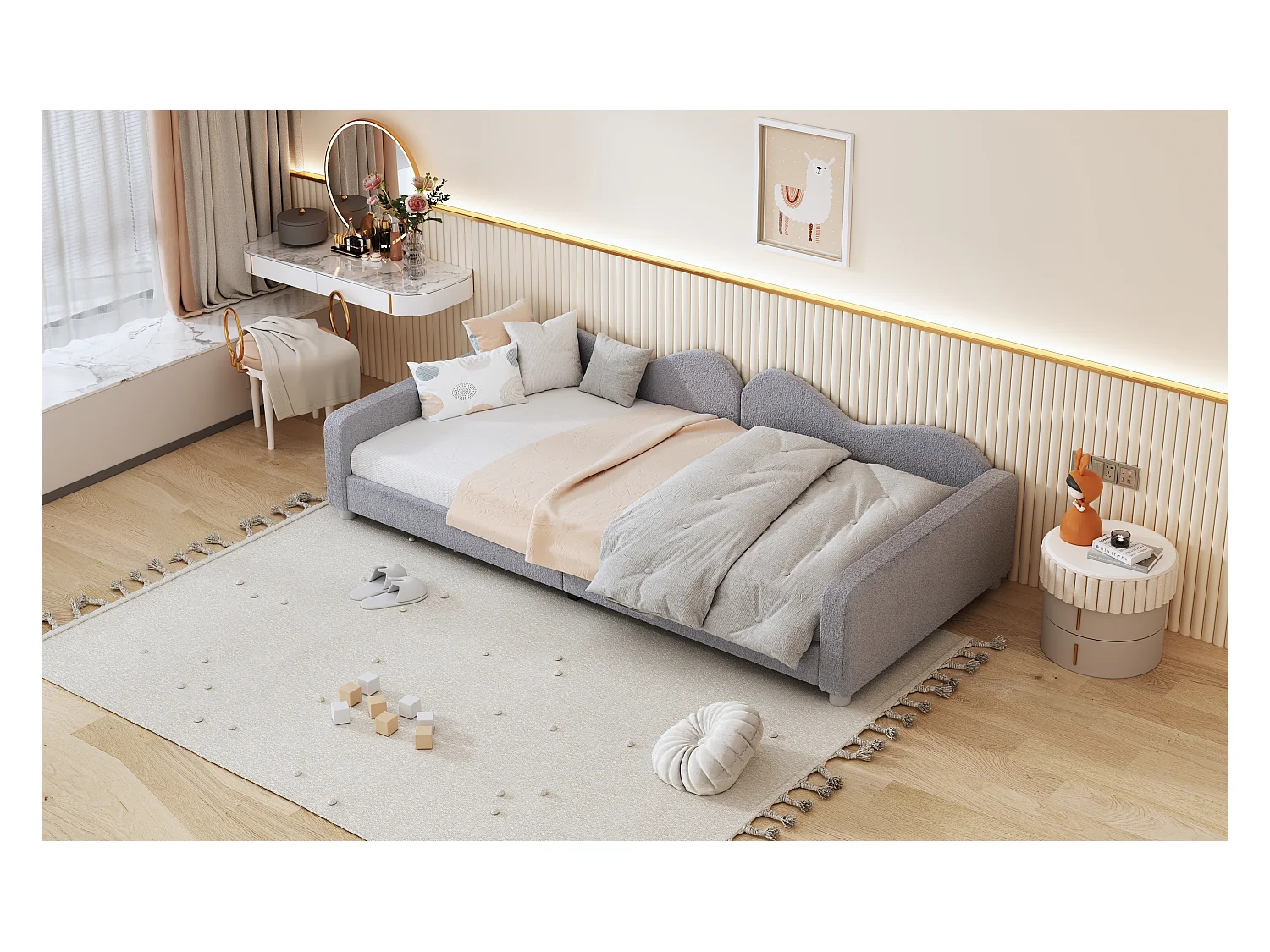 Cama infantil estofada 90 x 200 cm, com estrado de ripas, encosto e braços, cinza