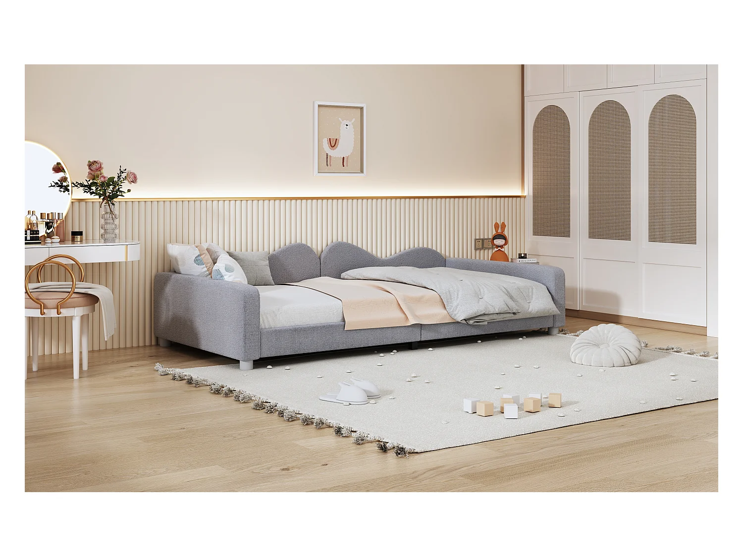 Cama infantil estofada 90 x 200 cm, com estrado de ripas, encosto e braços, cinza