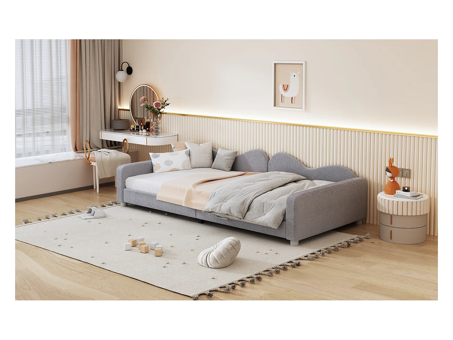 Cama infantil estofada 90 x 200 cm, com estrado de ripas, encosto e braços, cinza