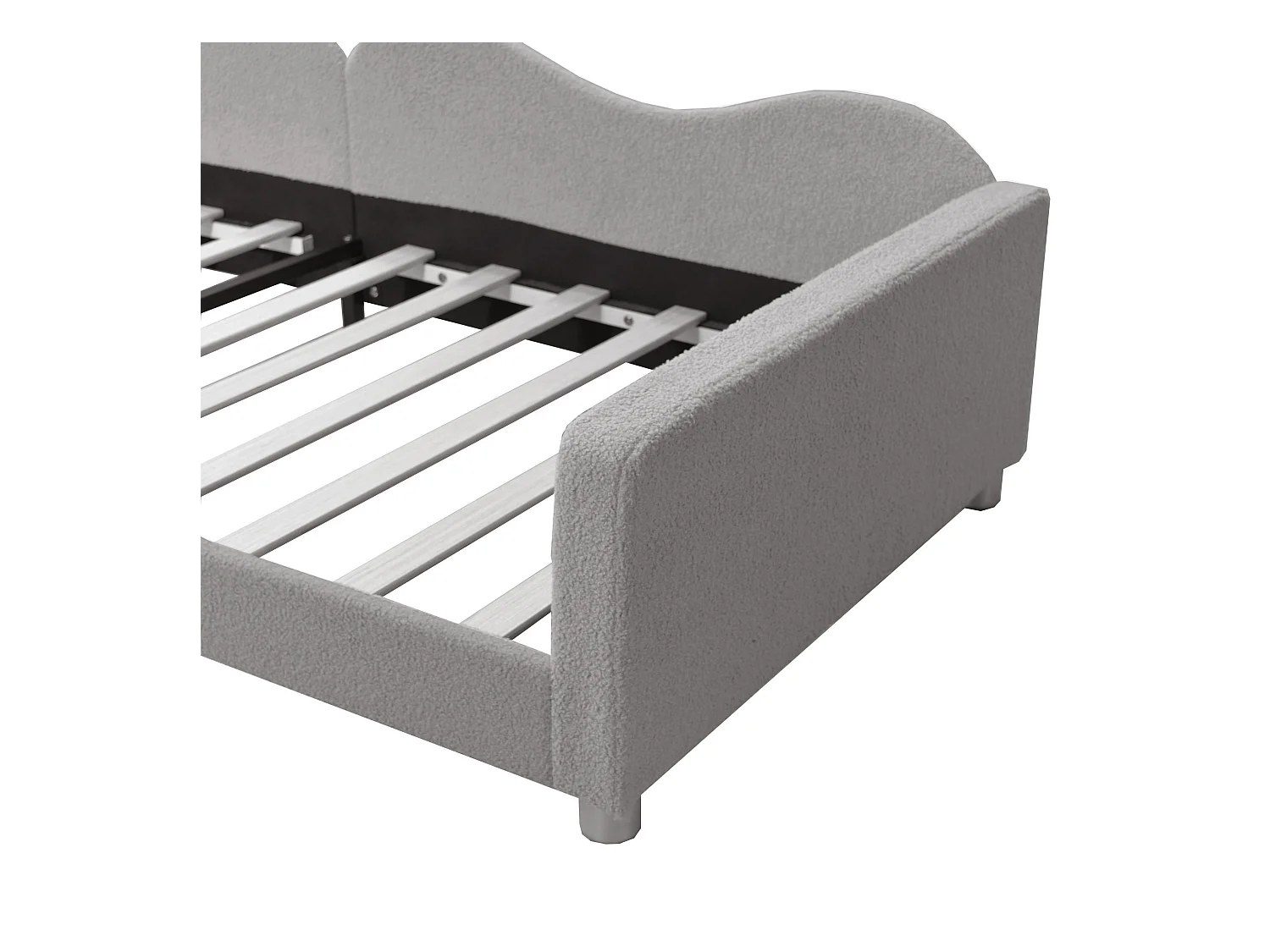 Cama infantil estofada 90 x 200 cm, com estrado de ripas, encosto e braços, cinza