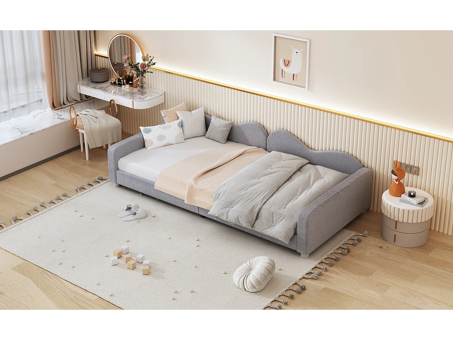 Cama infantil estofada de 90 x 200 cm, com estrado de ripas, encosto e braços, cinza.
