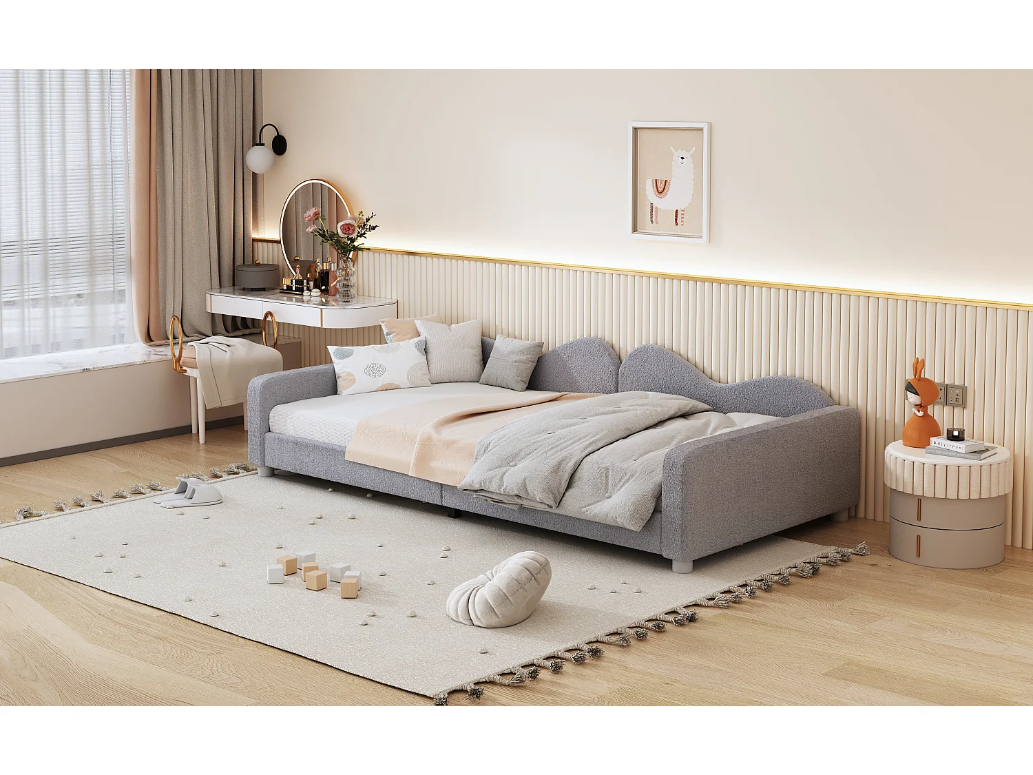Cama infantil estofada de 90 x 200 cm, com estrado de ripas, encosto e braços, cinza.