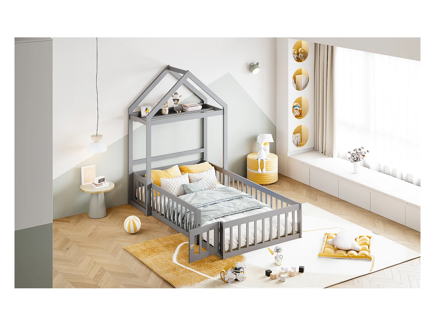 Cama infantil de 90 x 200 cm con espacio de almacenaje, barreras y puertas de seguridad, color gris