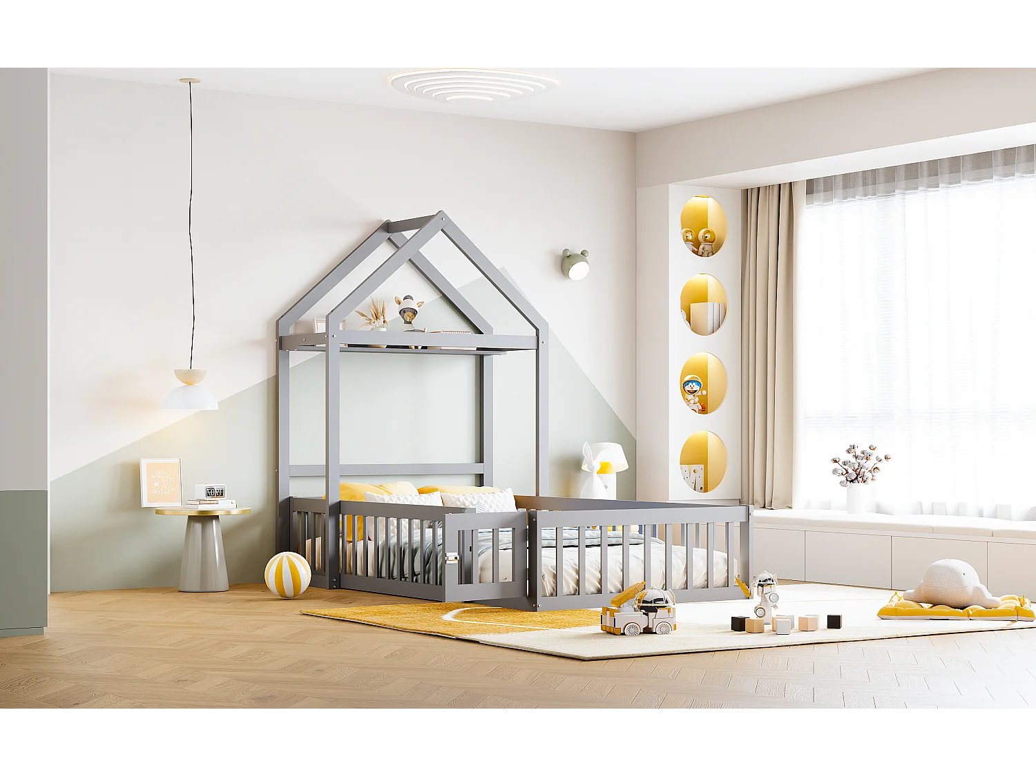 Cama infantil de 90 x 200 cm con espacio de almacenaje, barreras y puertas de seguridad, color gris