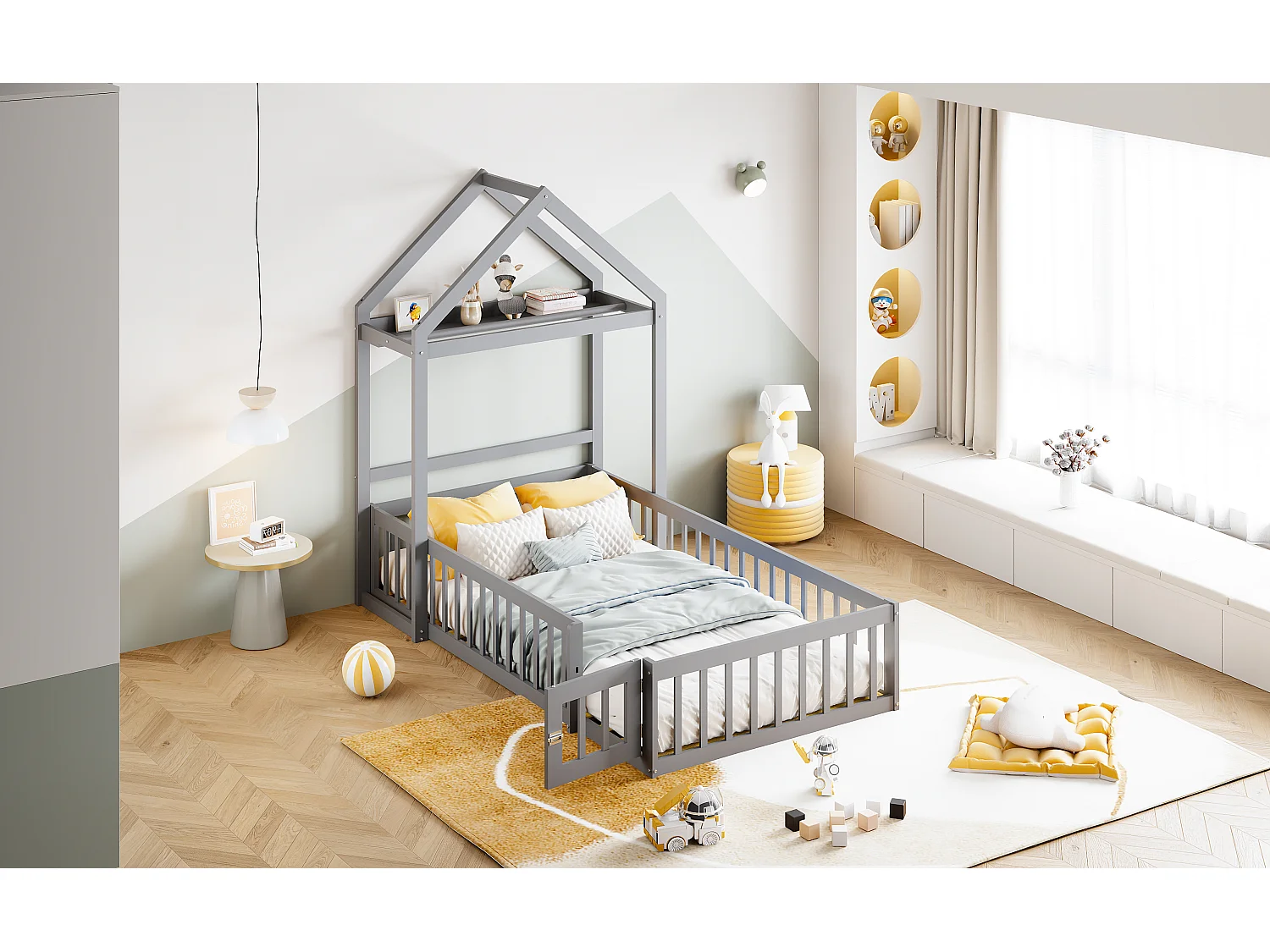 Lit Enfant 90 x 200 cm avec Rangement , barrières et Portes entièrement sécurisées, Gris