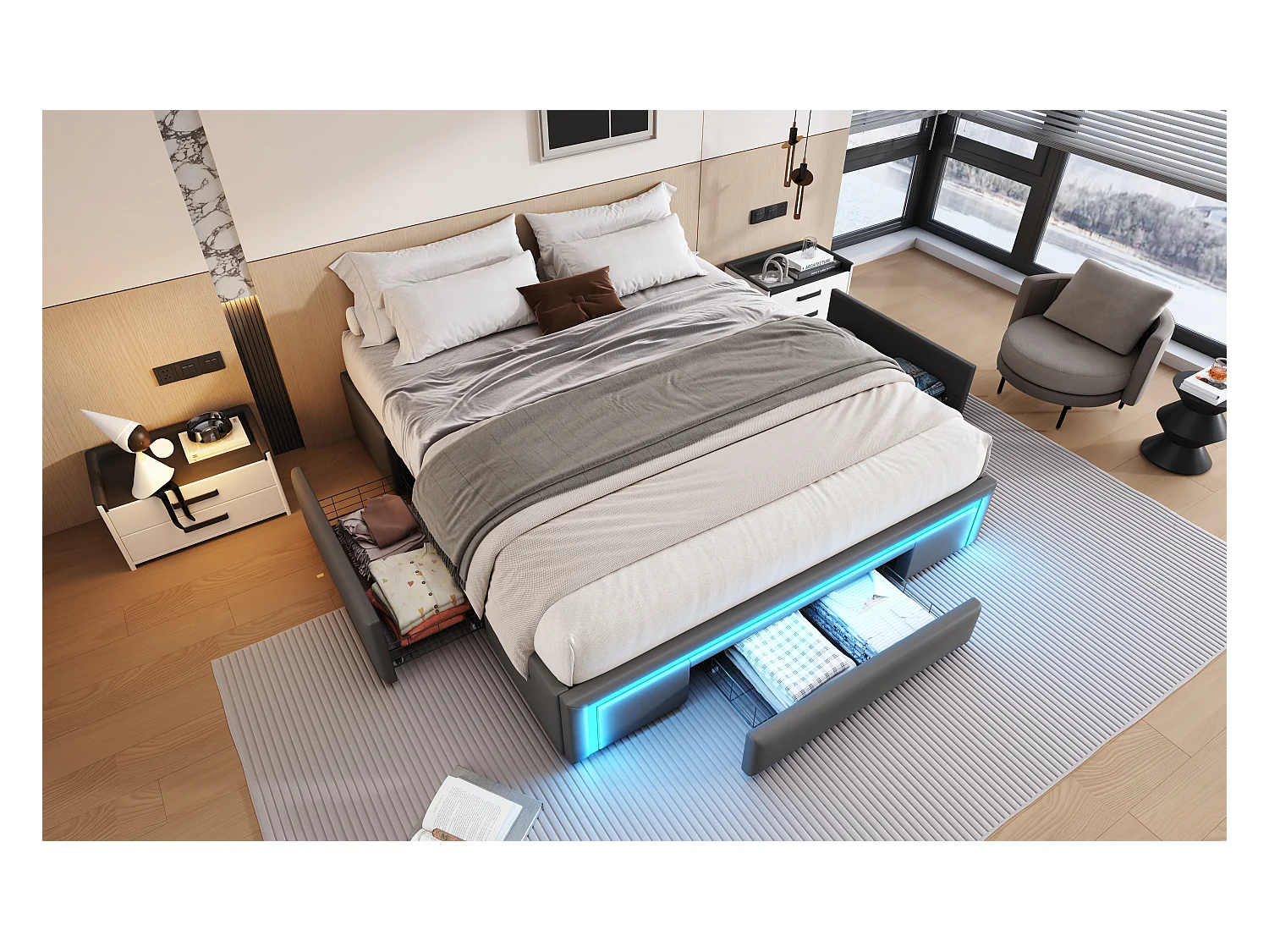 Bedframe 160 x 200 cm met laden, LED, zonder hoofdbord, PU-stof, metalen lattenbodem, grijs