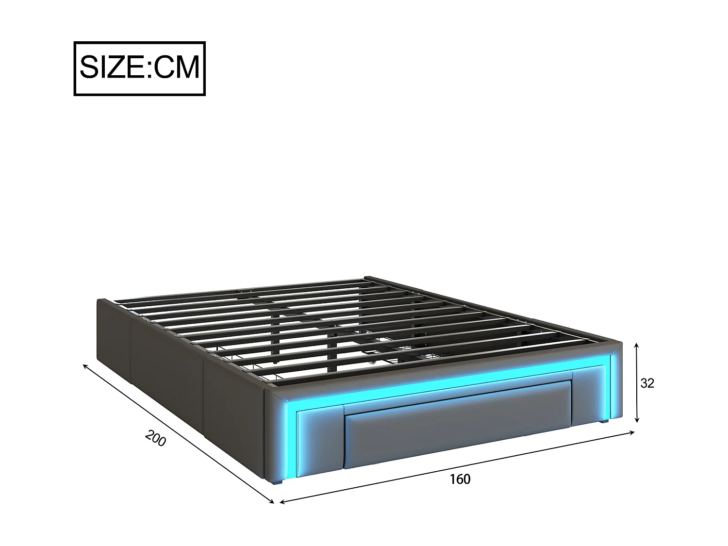 Bedframe 160 x 200 cm met laden, LED, zonder hoofdbord, PU-stof, metalen lattenbodem, grijs