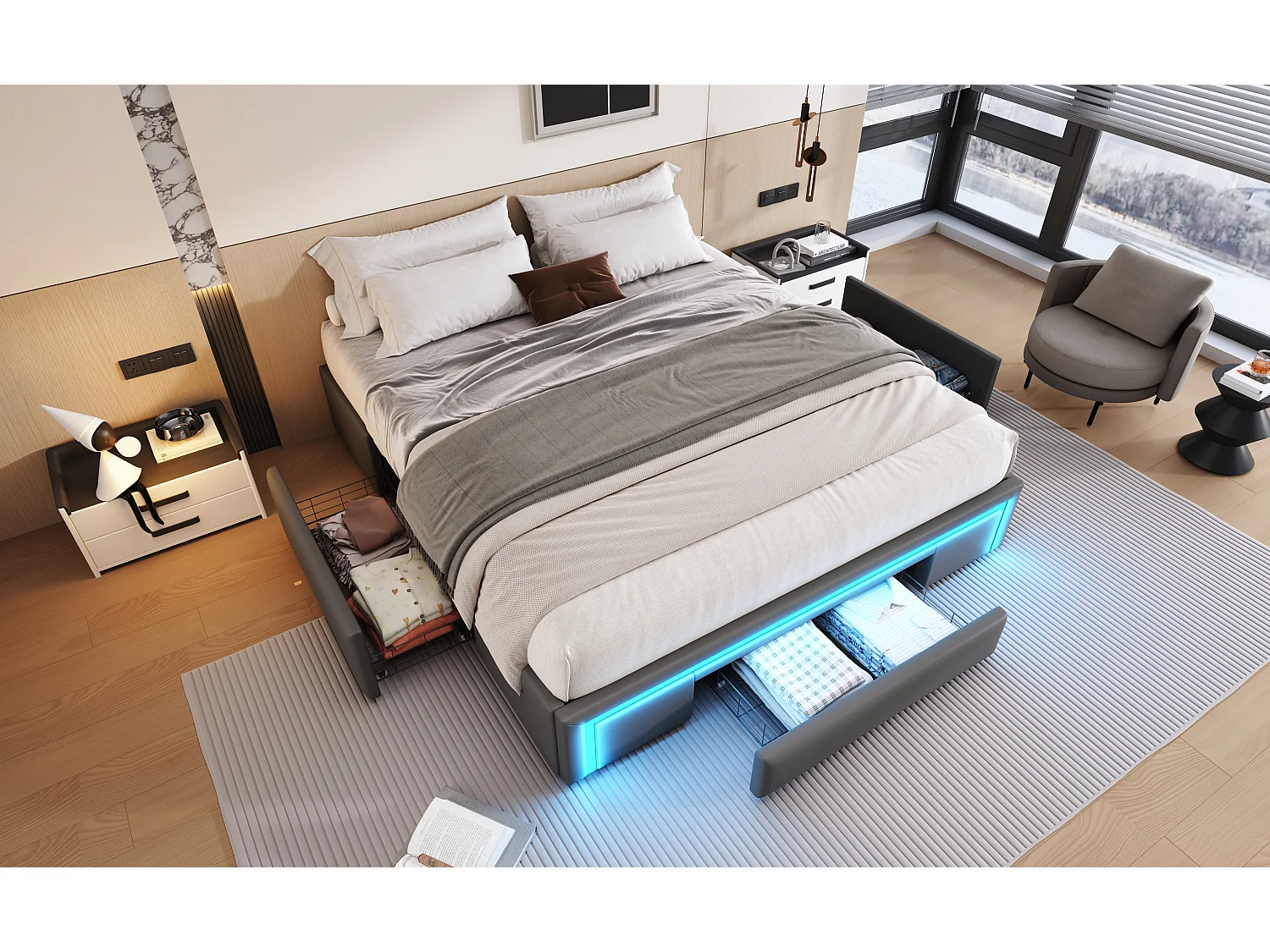 Bedframe 160 x 200 cm met laden, LED, zonder hoofdbord, PU-stof, metalen lattenbodem, grijs