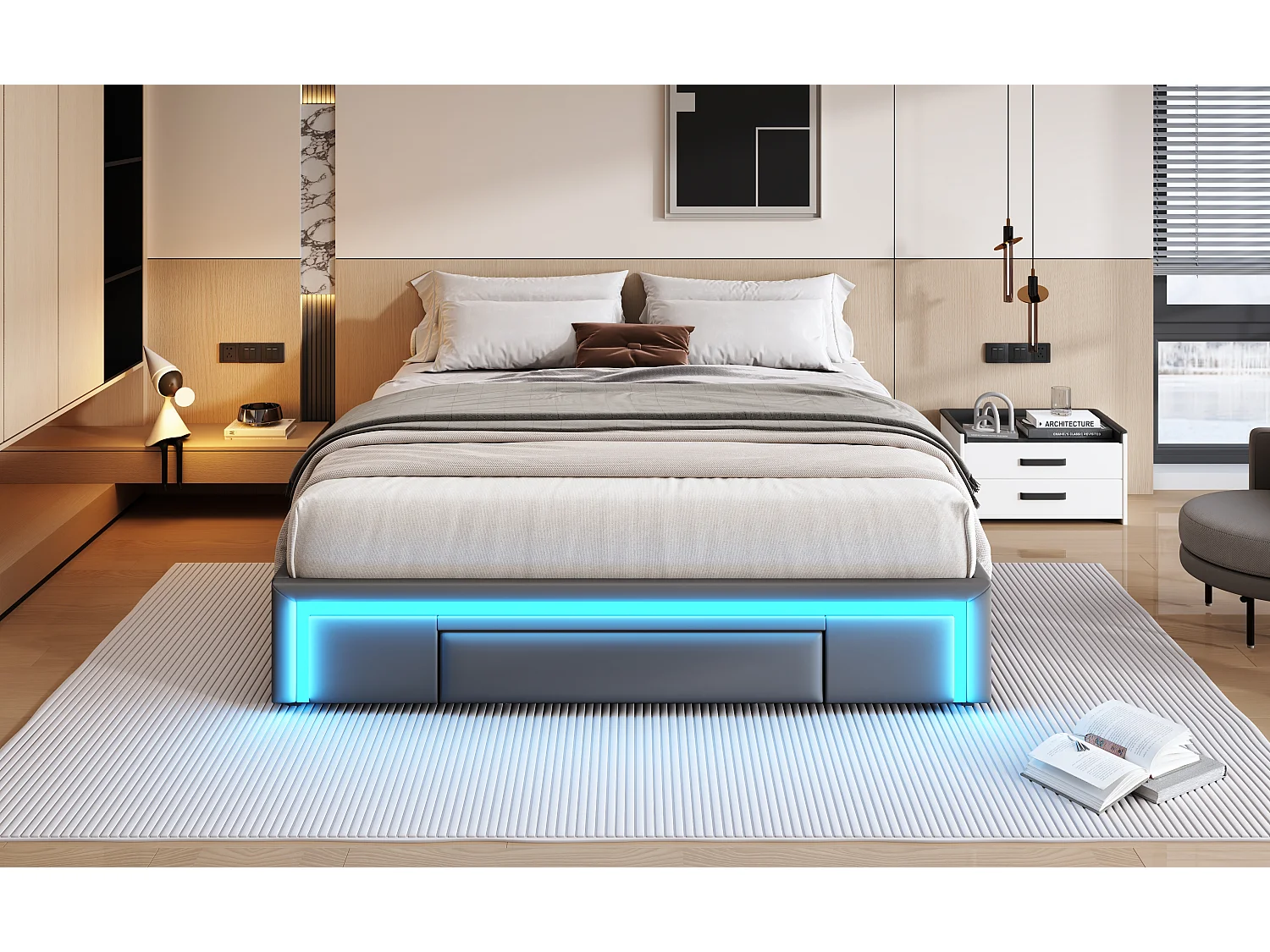 Bedframe 160 x 200 cm met laden, LED, zonder hoofdbord, PU-stof, metalen lattenbodem, grijs