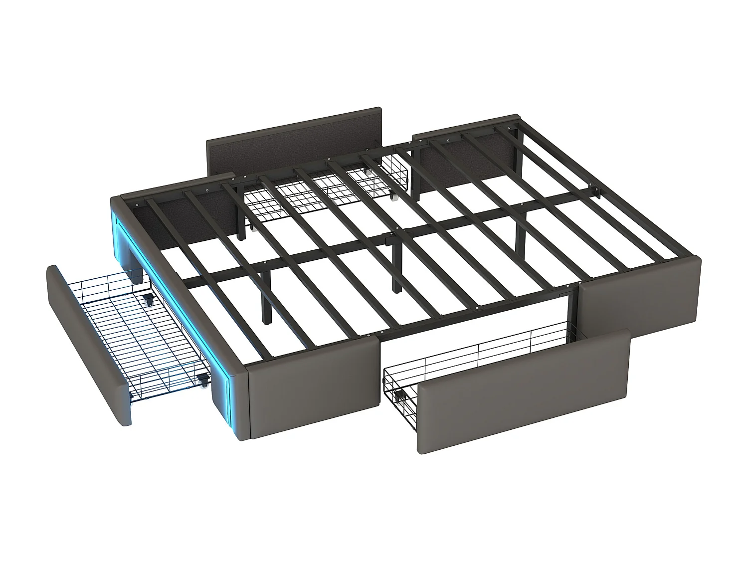 Bedframe 160 x 200 cm met laden, LED, zonder hoofdbord, PU-stof, metalen lattenbodem, grijs
