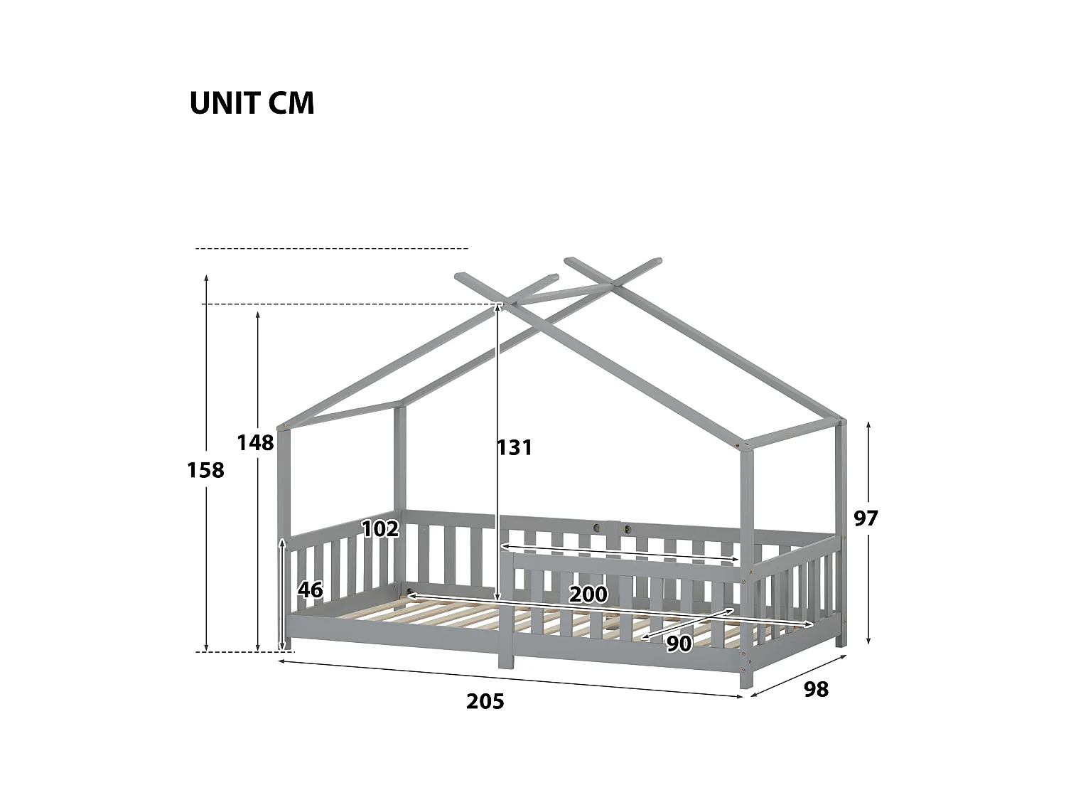 Lit Cabane Enfant 90x200cm, Lit d'enfant avec Barriere et Sommier à Lattes, Gris