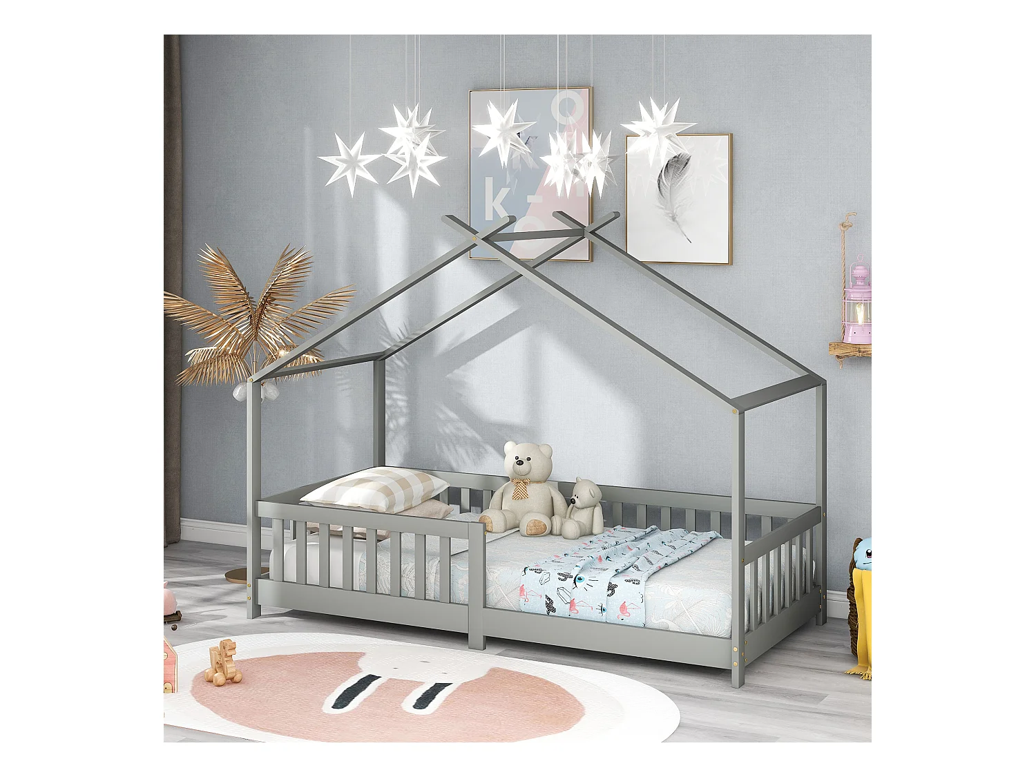 Lit Cabane Enfant 90x200cm, Lit d'enfant avec Barriere et Sommier à Lattes, Gris