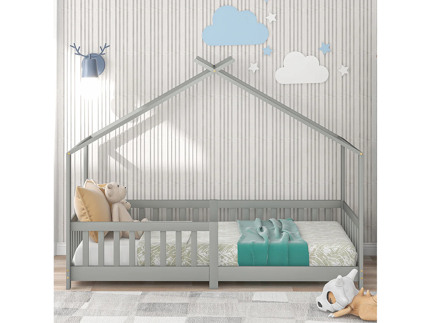 Kinderhoogslaper 90x200cm, kinderbed met zijhek en lattenbodem, grijs