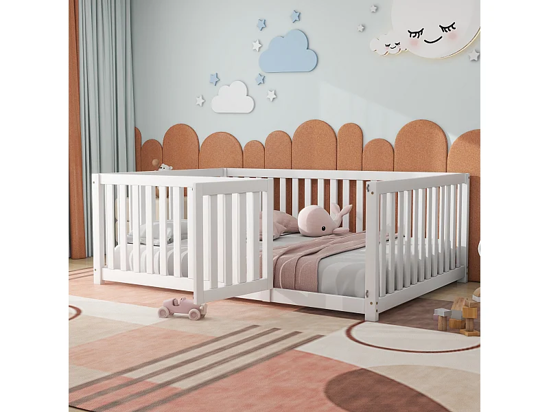 Lit d'enfant - 140 x 200 cm - Lit de Sol avec clôture et Porte - pour Fille et garçon - Blanc