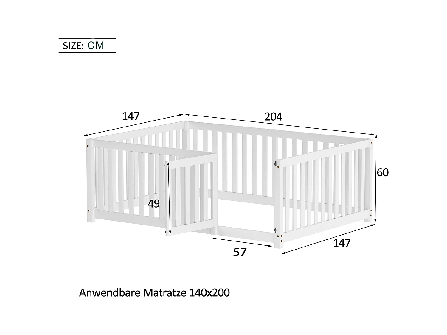 Cama Infantil - 140 x 200 cm - Cama de Chão com Cerca e Porta - para Meninas e Meninos - Branca