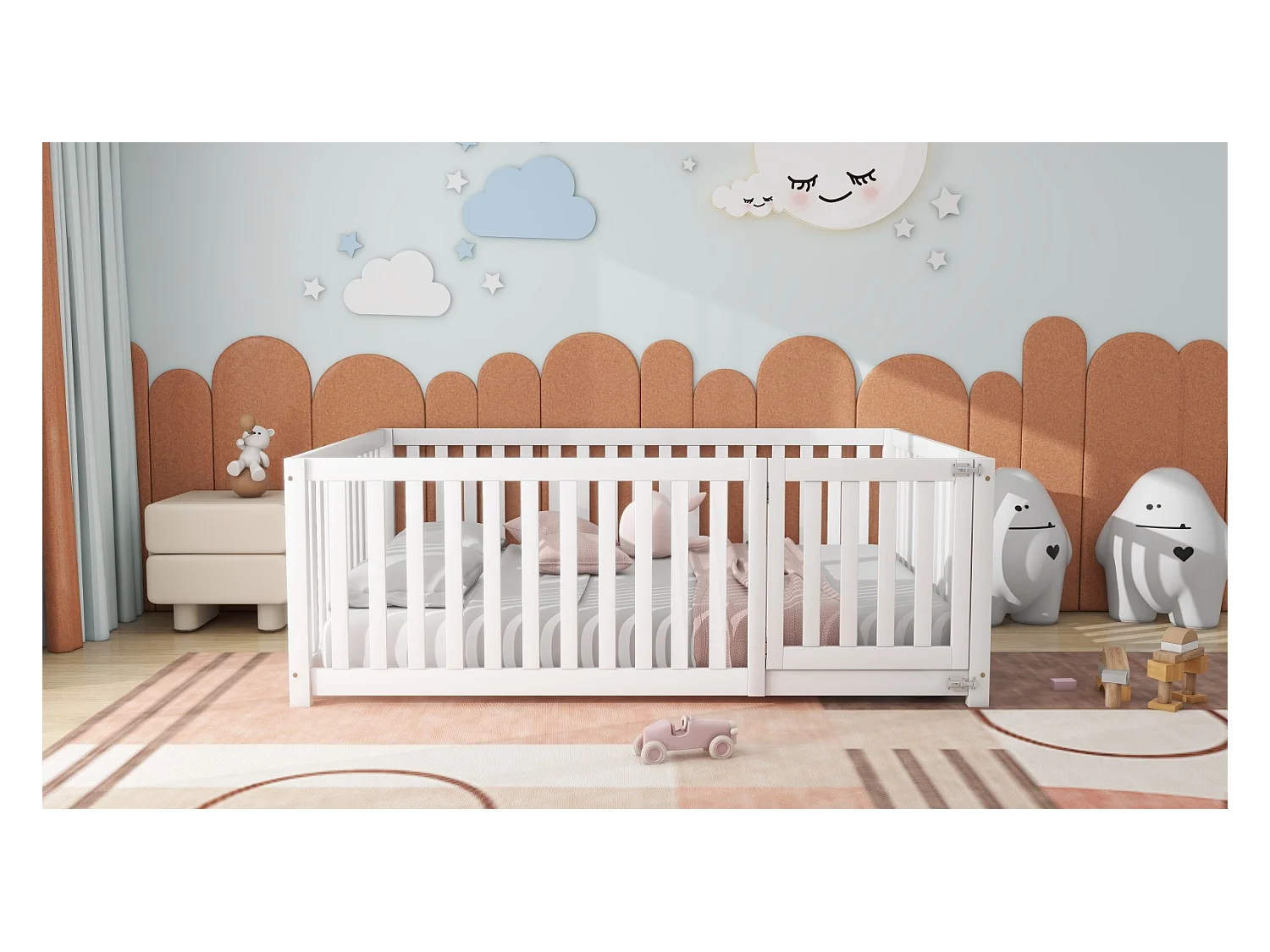 Cama Infantil - 140 x 200 cm - Cama de Chão com Cerca e Porta - para Meninas e Meninos - Branca