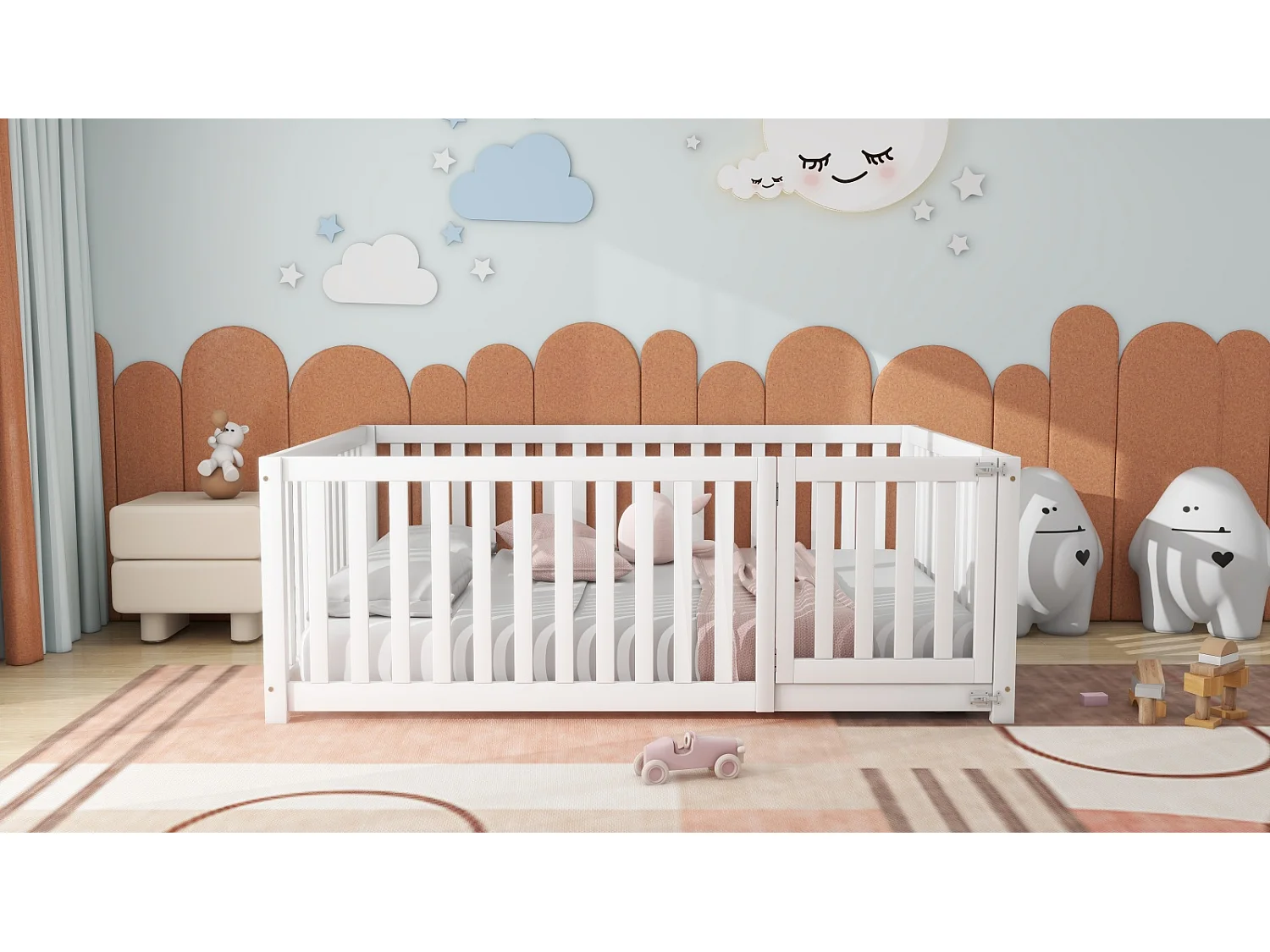 Cama infantil - 140 x 200 cm - Cama de suelo con valla y puerta - Para niñas y niños - Blanco