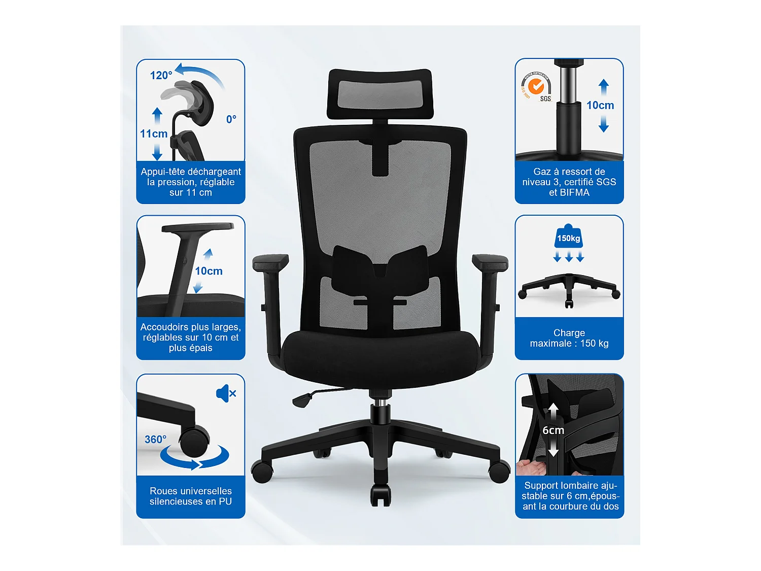 Hiazurm chaise de bureau ergonomique avec appuie-tête et accoudoirs réglables en hauteur – fauteuil de bureau confortable pour le travail à domicile