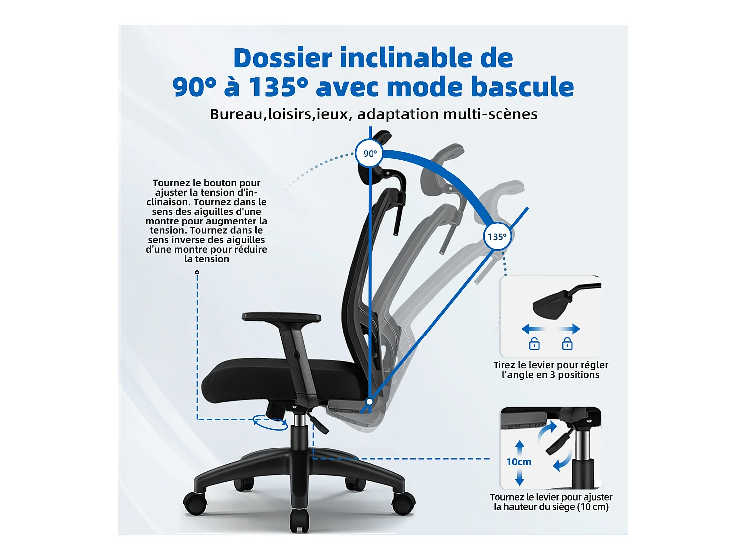 Hiazurm chaise de bureau ergonomique avec appuie-tête et accoudoirs réglables en hauteur – fauteuil de bureau confortable pour le travail à domicile