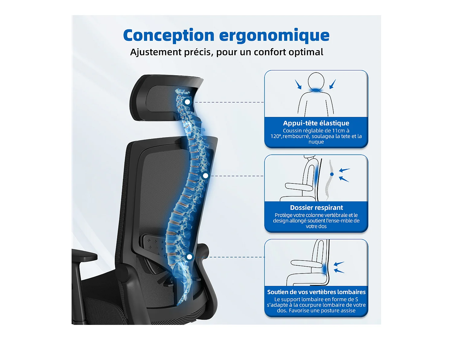 Hiazurm chaise de bureau ergonomique avec appuie-tête et accoudoirs réglables en hauteur – fauteuil de bureau confortable pour le travail à domicile