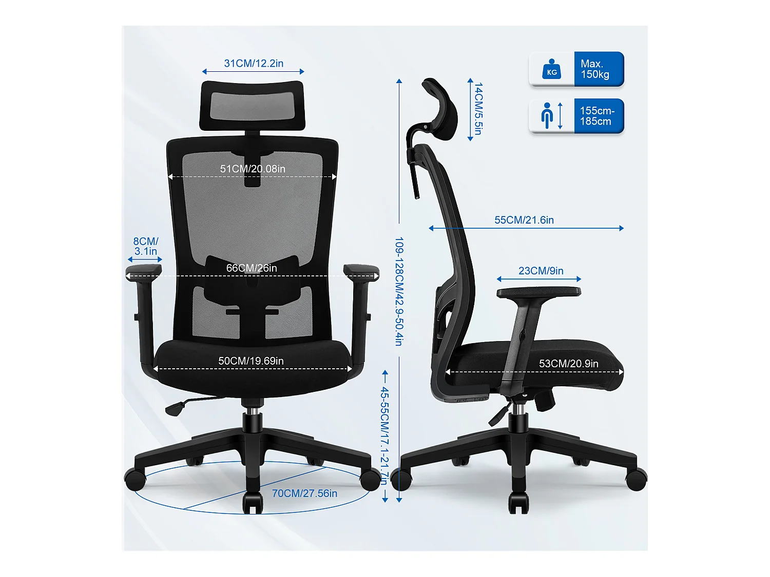 Hiazurm chaise de bureau ergonomique avec appuie-tête et accoudoirs réglables en hauteur – fauteuil de bureau confortable pour le travail à domicile